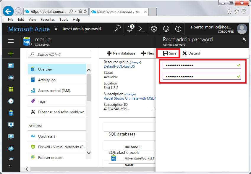 Sqlcoffee how to change server admin password on sql azure